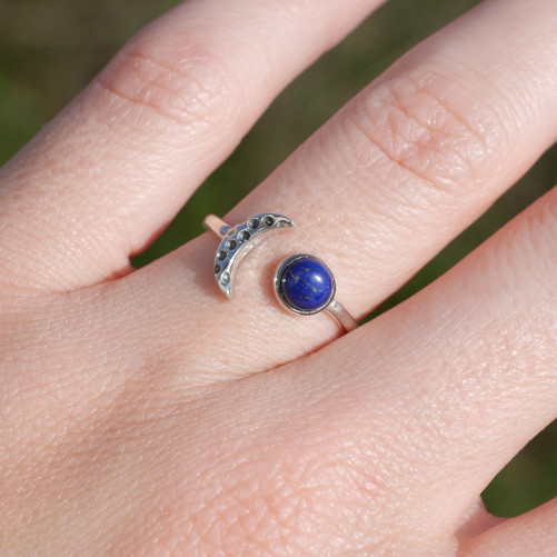 Bague fine lune argent et pierre ronde Lapis lazuli T50/52/54/57/60