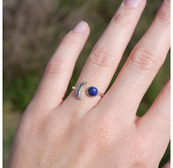 Bague fine lune argent et pierre ronde Lapis lazuli T50/52/54/57/60