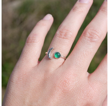 Bague fine lune argent et pierre ronde Agate verte T49/52/55/57/59