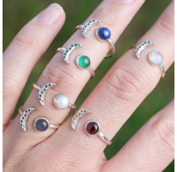 Bague fine lune argent et pierre ronde Agate verte T49/52/55/57/59