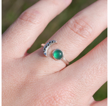 Bague fine lune argent et pierre ronde Agate verte T49/52/55/57/59
