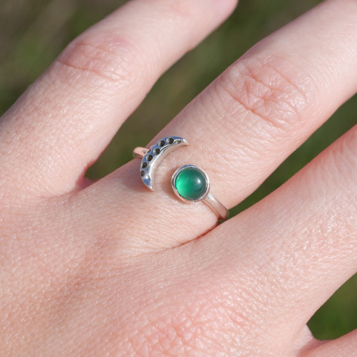 Bague fine lune argent et pierre ronde Agate verte T49/52/55/57/59