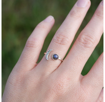 Bague fine lune argent et pierre ronde Labradorite T50/52/55/57/60