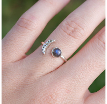 Bague fine lune argent et pierre ronde Labradorite T50/52/55/57/60