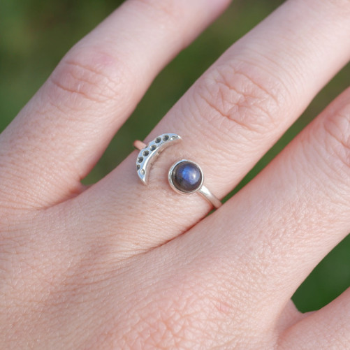 Bague fine lune argent et pierre ronde Labradorite T50/52/55/57/60
