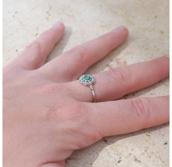 Petite bague fleur argent et pierre ronde Malachite T57