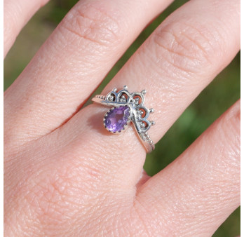 Bague fine couronne argent et petite pierre Améthyste T49/51/54/57/59