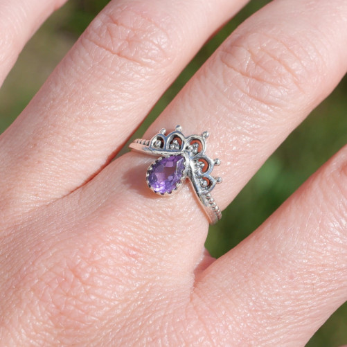 Bague fine couronne argent et petite pierre Améthyste T49/51/54/57/59