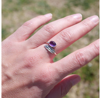 Bague plume en argent et pierre ovale Améthyste T50/54/56/57/60