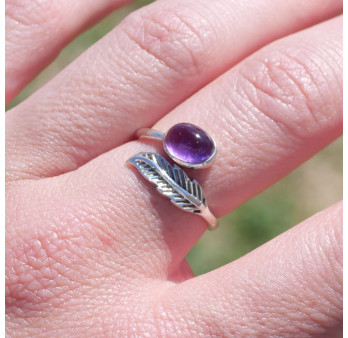 Bague plume en argent et pierre ovale Améthyste T50/54/56/57/60