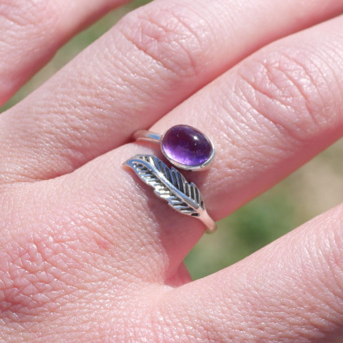 Bague plume en argent et pierre ovale Améthyste T50/54/56/57/60
