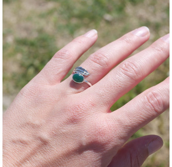 Bague plume en argent et pierre ovale Agate verte T50/52/54/57/60