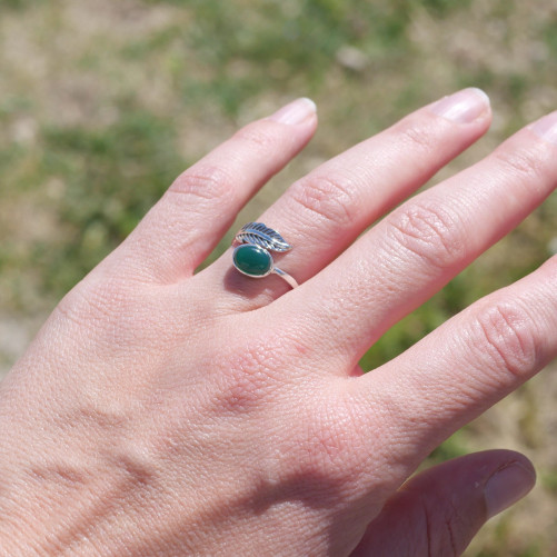 Bague plume en argent et pierre ovale Agate verte T50/52/54/57/60