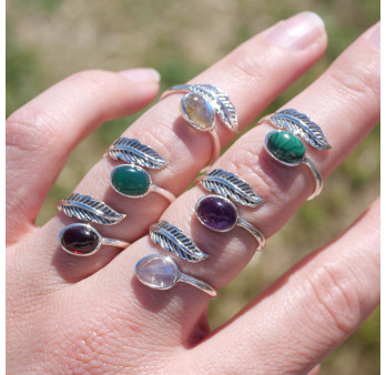 Bague plume en argent et pierre ovale Agate verte T50/52/54/57/60