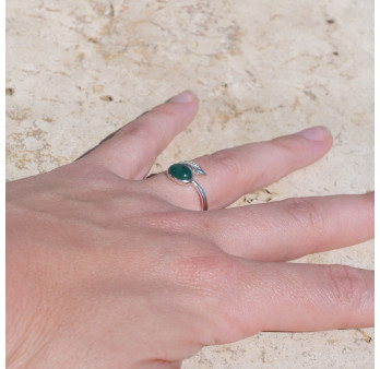 Bague plume en argent et pierre ovale Agate verte T50/52/54/57/60