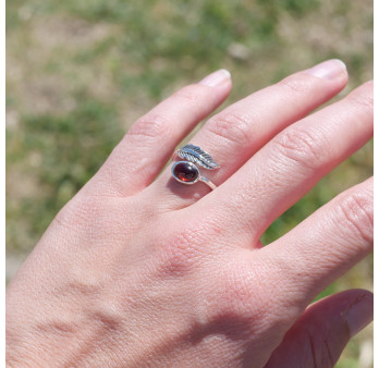 Bague plume en argent et pierre ovale Grenat T50/52/53/54/60