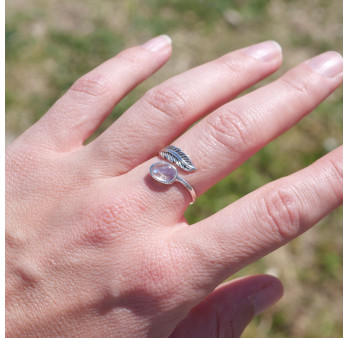 Bague plume en argent et pierre ovale Pierre de lune T49/50/52/55/57/59/60