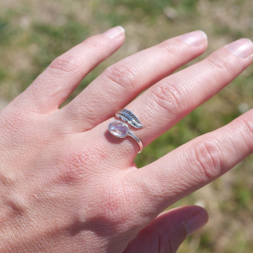 Bague plume en argent et pierre ovale Pierre de lune T49/50/52/55/57/59/60