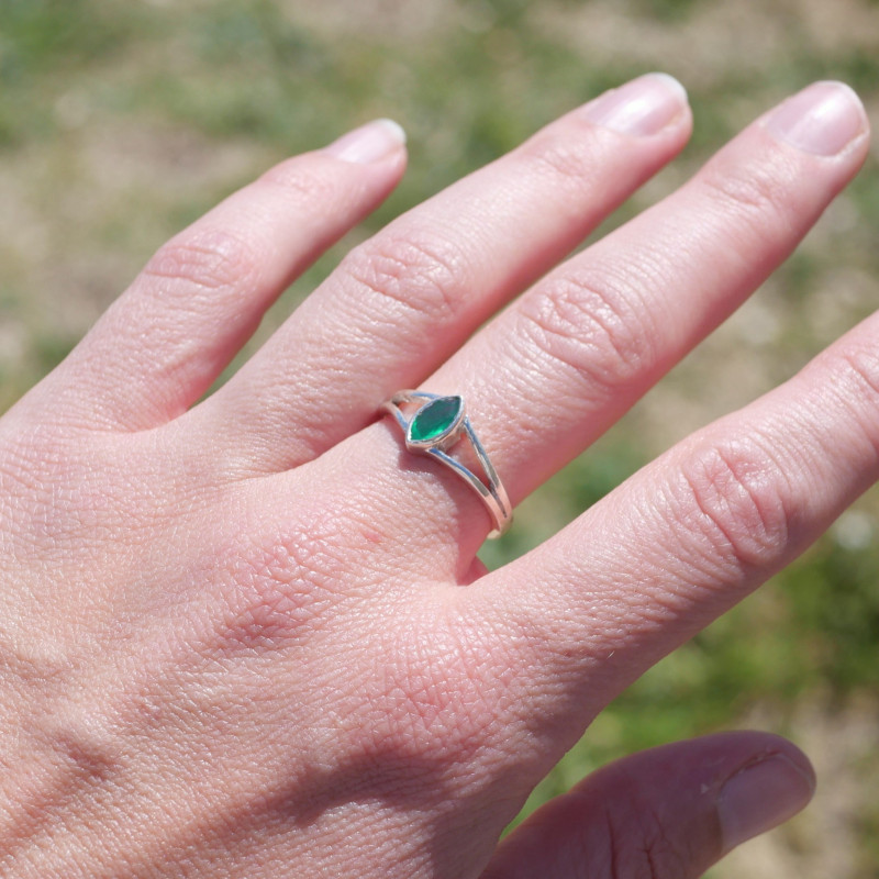 Bague pierre navette Agate verte anneau double en argent T57/59/63 Bague pierre navette Agate verte anneau double en argent T57/59/63