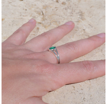 Bague pierre navette Agate verte anneau double en argent T57/59/63