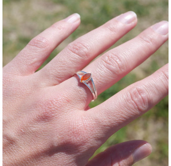 Bague pierre navette Cornaline anneau double en argent T56