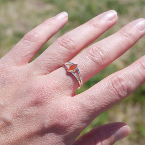 Bague pierre navette Cornaline anneau double en argent T56