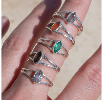 Bague pierre navette Cornaline anneau double en argent T56