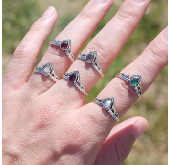 Bague fine diadème argent petite pierre Agate verte T49/54/56/57