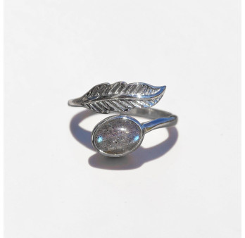Bague plume en argent et pierre ovale Labradorite T54
