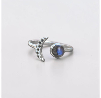 Bague fine lune argent et pierre ronde Labradorite T50/52/55/57/60