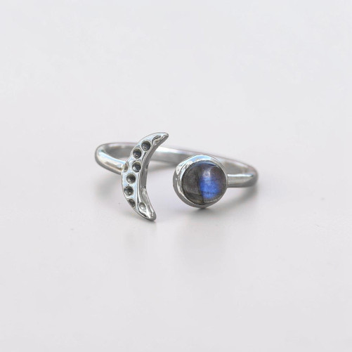 Bague fine lune argent et pierre ronde Labradorite T50/52/55/57/60