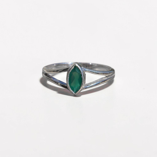 Bague pierre navette Agate verte anneau double en argent T57/59/63
