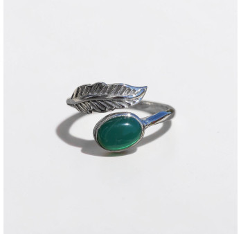 Bague plume en argent et pierre ovale Agate verte T50/52/54/57/60
