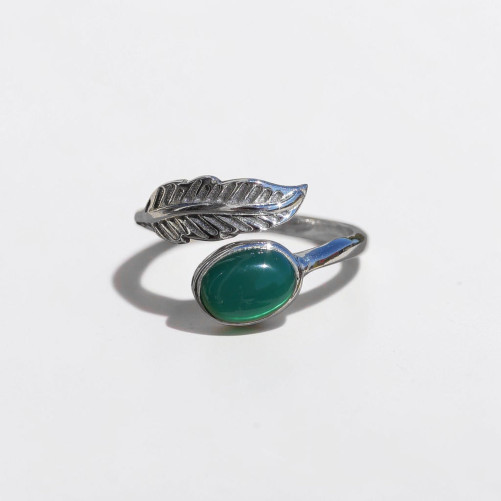 Bague plume en argent et pierre ovale Agate verte T50/52/54/57/60