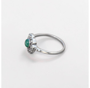 Petite bague fleur argent et pierre ronde Agate verte T49