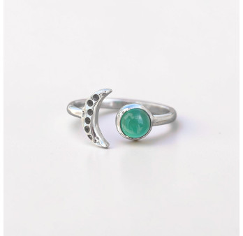 Bague fine lune argent et pierre ronde Agate verte T49/52/55/57/59