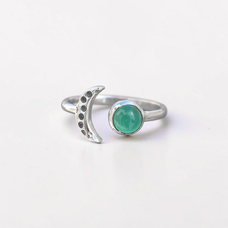 Bague fine lune argent et pierre ronde Agate verte T49/52/55/57/59 Bague fine lune argent et pierre ronde Agate verte T49/52/55/57/59
