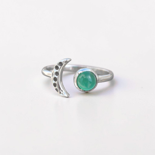 Bague fine lune argent et pierre ronde Agate verte T49/52/55/57/59