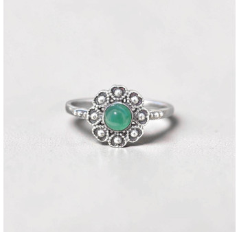 Petite bague fleur argent et pierre ronde Agate verte T49