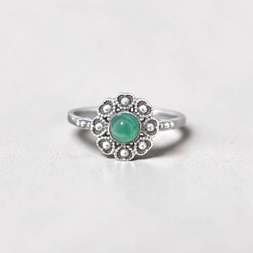Petite bague fleur argent et pierre ronde Agate verte T49
