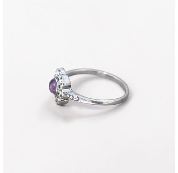 Petite bague fleur argent et pierre ronde Améthyste T52