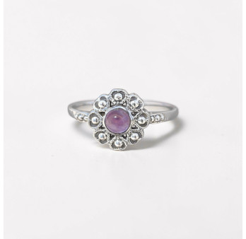 Petite bague fleur argent et pierre ronde Améthyste T52