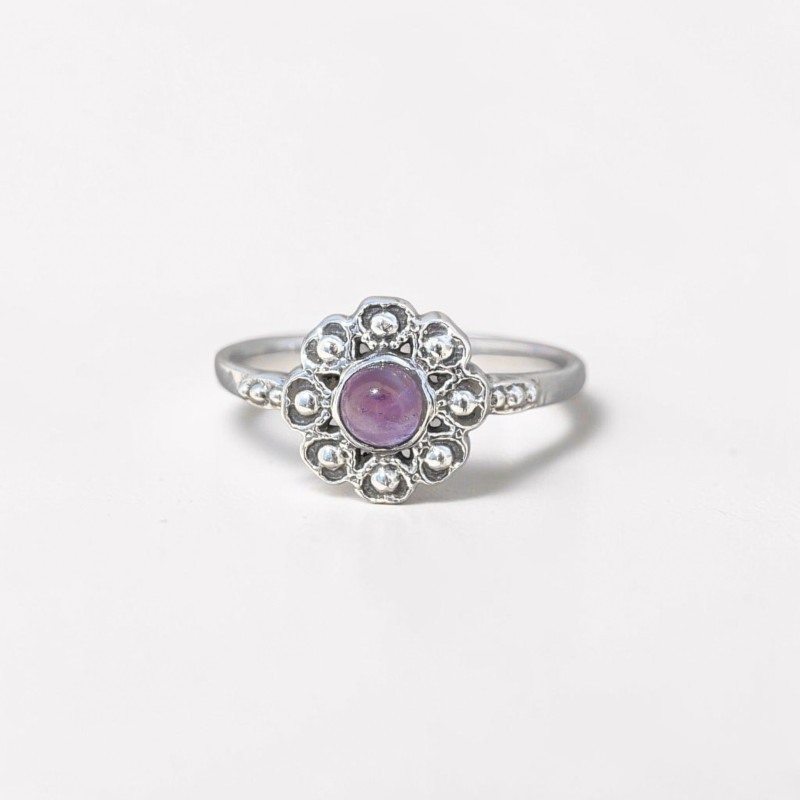 Petite bague fleur argent et pierre ronde Améthyste T52 Petite bague fleur argent et pierre ronde Améthyste T52