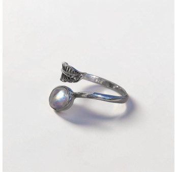 Bague plume en argent et pierre ovale Pierre de lune T49/50/52/55/57/59/60