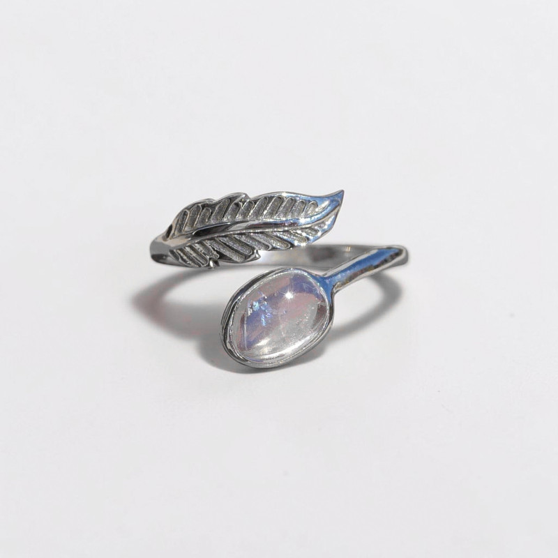 Bague plume en argent et pierre ovale Pierre de lune T49/50/52/55/57/59/60 Bague plume en argent et pierre ovale Pierre de lune T49/50/52/55/57/59/60