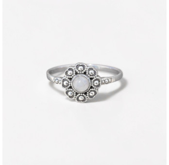 Petite bague fleur argent et pierre ronde Pierre de lune T57
