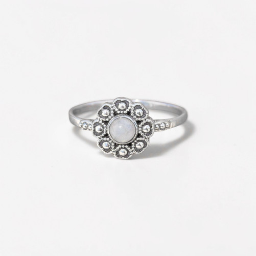 Petite bague fleur argent et pierre ronde Pierre de lune T57