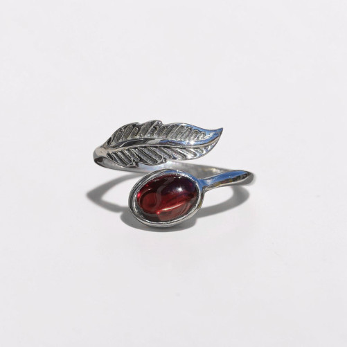 Bague plume en argent et pierre ovale Grenat T50/52/53/54/60