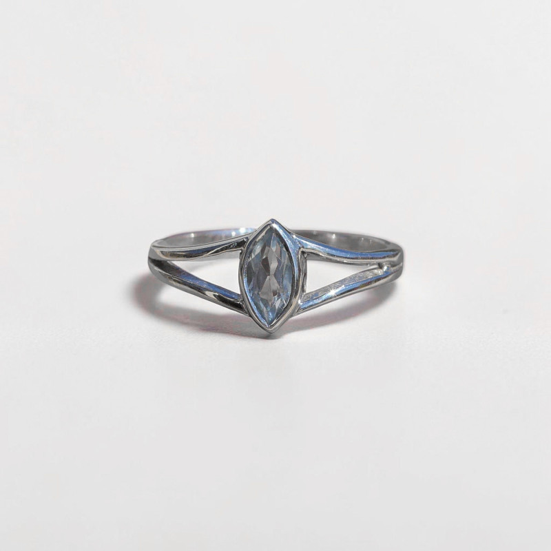 Bague pierre navette Topaze bleue anneau double en argent T56