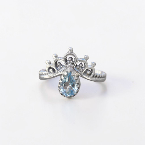 Bague fine couronne argent et petite pierre Topaze bleue T49/53/54/57/59